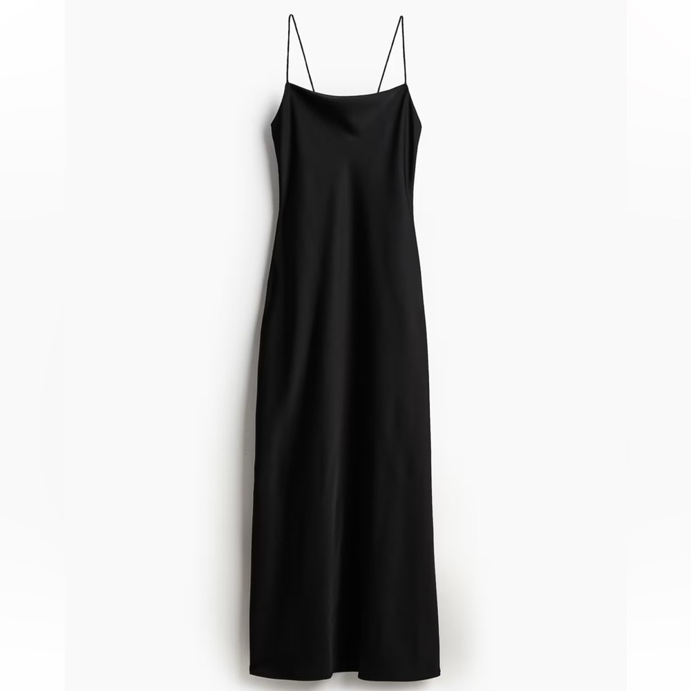 New Elegant Black Open Back Satin Dress